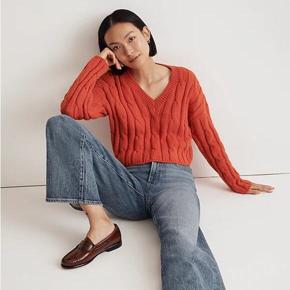NWT Madewell Women's Cable Knit Fisherman Sweater in Roasted Squash Orange - Picture 2 of 13